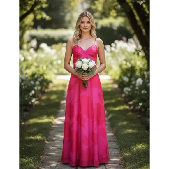 NEW AJE Sway Paneled Red & Pink Fluorescent Rose Spaghetti Strap Midi Dress - Picture 2 of 13